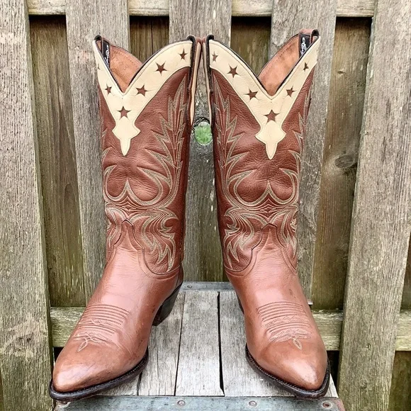LARRY MAHAN Vintage Star Inlay Tall Mid-Calf Brown Leather Cowgirl Western Boots - Picture 4 of 13